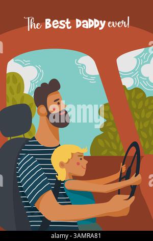 Fathers Day card design. The dad guiding his son on how to steer the car. Vector illustration Stock Vector