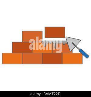 Brick wall icon. Orange brick symbol. Vector construction scene. Trowel tool shape. Stock Vector