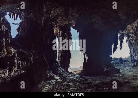 Dramatic view from inside Dogub Cave looking out to Socotra's landscape. Stock Photo