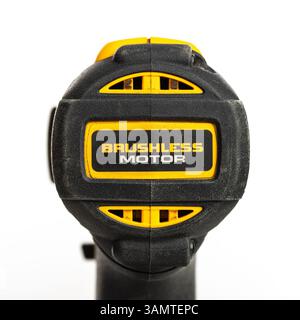 Dewalt Brushless motor closeup of cordless drill on white background Stock Photo