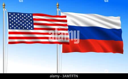 United States vs Russian Federation, waving flags on a sky blue background, vector illustration Stock Vector