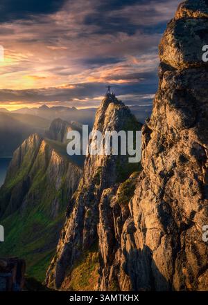 Aerial view of the dramatic Segla mountain peak rising sharply above ...