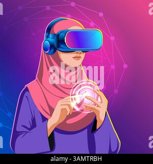 illustration of young Arab women wearing headset using modern augmented virtual reality technology Stock Vector