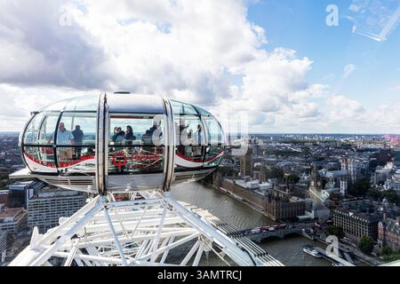 On London Eye, The Thames from London Eye, London eye capsule, Top of London eye, London eye wheel, tourists on London Eye, London UK riding Stock Photo
