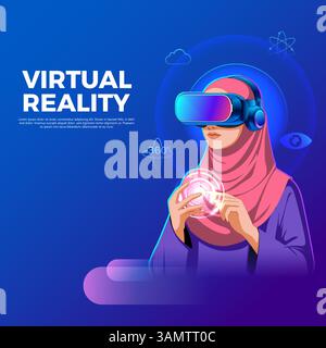 illustration of young Arab women wearing headset using modern augmented virtual reality technology Stock Vector