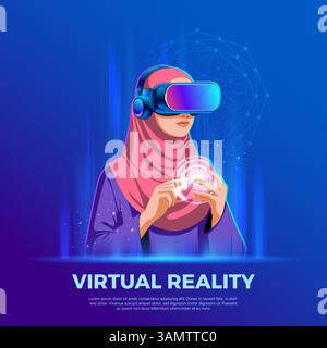 illustration of young Arab women wearing headset using modern augmented virtual reality technology Stock Vector