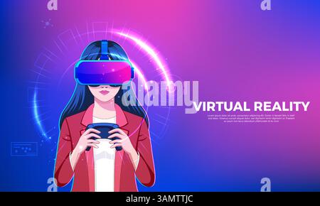 illustration of young women wearing headset using modern augmented virtual reality technology Stock Vector