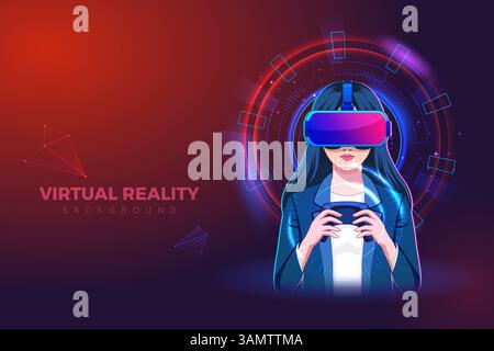 illustration of young women wearing headset using modern augmented virtual reality technology Stock Vector