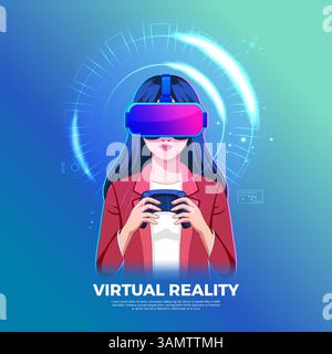 illustration of young women wearing headset using modern augmented virtual reality technology Stock Vector