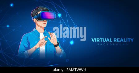 illustration of young men wearing headset using modern augmented ...