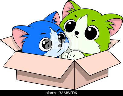 Adorable cartoon illustration of two colorful cats, one blue and one green, sitting closely together inside a cardboard box. Stock Vector