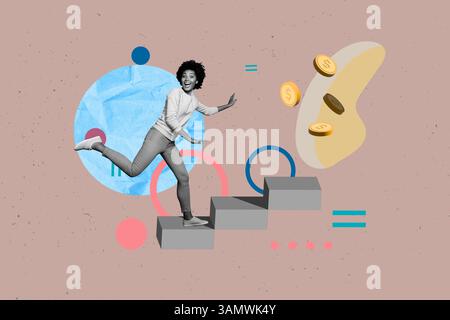Poster trend collage of person run stairs reach money on brown background Stock Photo