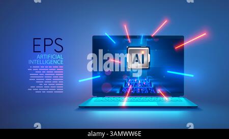AI chip of laptop. CPU or chip electronic of laptop on screen. AI Processor of notebook. Engineering, develop electronic AI chip. Computer hardware te Stock Vector