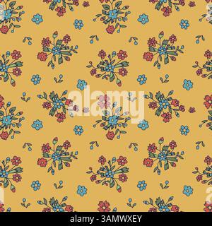 Ditsy floral seamless pattern on yellow background. Hand drawn vintage backdrop with tiny flower bouquets. Cottage core sketchy blooms and leaves Stock Vector