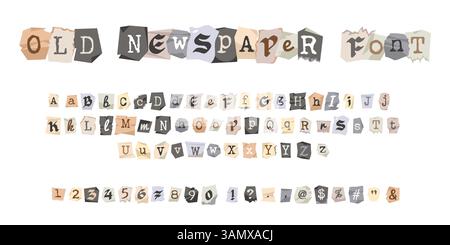 Newspaper ransom fonts. Trendy letters and numbers, collage cutout style, anonymous notes alphabet on cut torn paper, vintage magazines. News Stock Vector