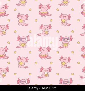 Axolotls seamless pattern. Funny baby amphibian, repeated kawaii animal, cartoon kids mascot pink cute ambystoma, childish textile, wrapping Stock Vector