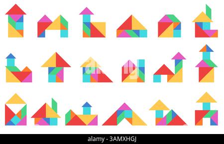 Tangram buildings. Geometric jigsaws, kids puzzles with colorful simple shapes, logical thinking game, abstract flat houses, childish education Stock Vector