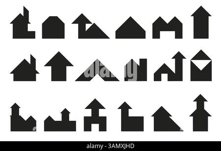 Tangram building black silhouette. Geometric puzzle, simple shapes, brain development game, houses transformation, squares and triangles, kids Stock Vector
