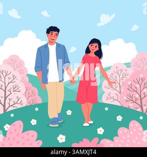 Romantic couple spring walk. Spending time in nature, happy people enjoying bloom, warm season, green city park, pink sakura trees with flowers Stock Vector