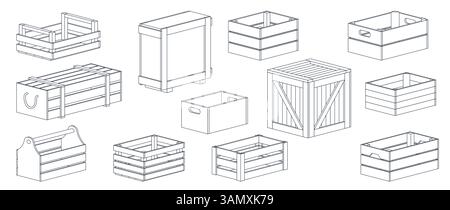 Linear wooden boxes. Closed and open crate packages, isometric outline containers, storage, transportation, export pack, product packaging for Stock Vector