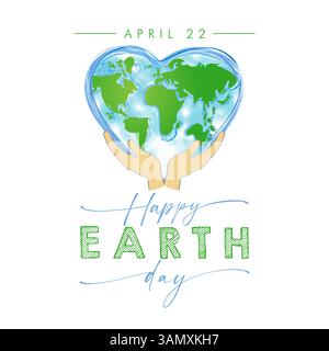 April 22 Earth Day social media banner with creative map of the world, artistic heart shape and supporting hands. Blogging post concept. Network Stock Vector
