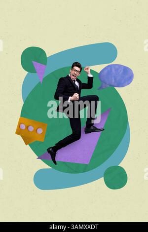 Poster banner collage of person winning with 3d text box on pastel color background. Stock Photo