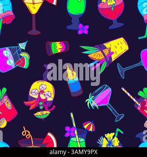 Cocktails seamless pattern. Neon colors drinks, wine and beach summer cocktail with fruits. Fabric wallpaper wrapping print design, neoteric vector Stock Vector