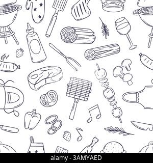 Doodle bbq seamless pattern. Grill accessories, food, meat and vegetables. Fabric wallpaper wrapping hand drawn print design, neoteric vector Stock Vector