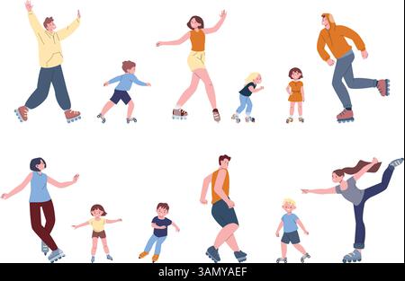 People roller skating. Seasonal outdoor hobby activity and sport training. Adults children on rollers in different poses. Cartoon flat kicky vector Stock Vector