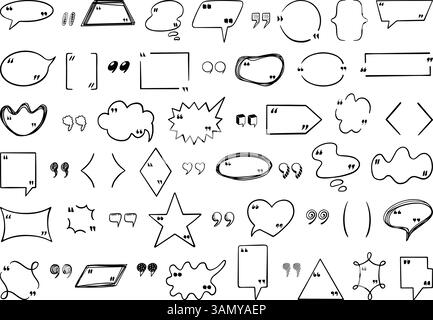 Doodle quotation frames design. Hand drawn speech bubbles, punctuation marks commas elements. Quote boxes different shapes, neoteric vector clipart Stock Vector