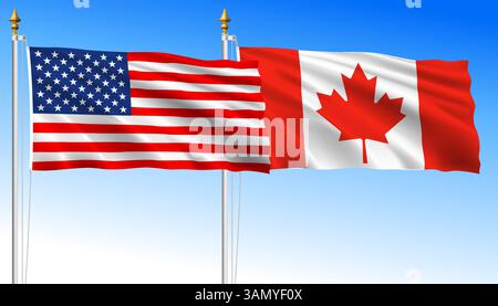 United States vs Canada, waving flags on a sky blue background, vector illustration Stock Vector