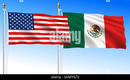 United States vs Mexico, waving flags on a sky blue background, vector illustration Stock Vector