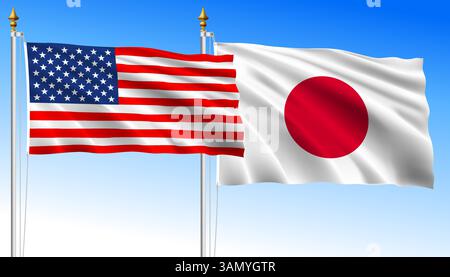 United States vs Japan, waving flags on a sky blue background, vector illustration Stock Vector