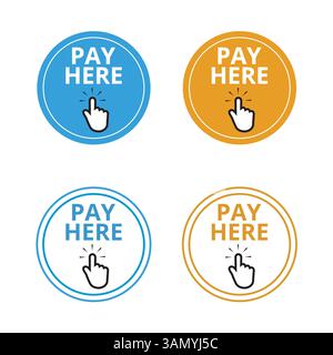 Blue and orange pay here round buttons with a hand clicking on a white background Stock Vector