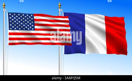 United States vs France, waving flags on a sky blue background, vector illustration Stock Vector