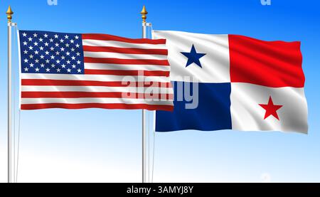 United States vs Panama, waving flags on a sky blue background, vector illustration Stock Vector