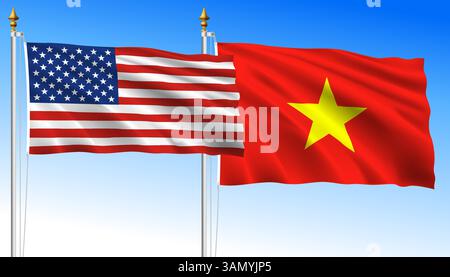 United States vs Vietnam, waving flags on a sky blue background, vector illustration Stock Vector