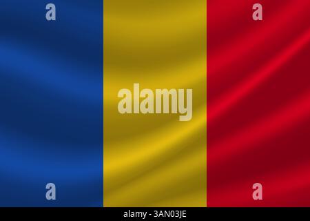 Realistic waving Romania national flag. Patriotic Romania flag symbol on wavy silk fabric Stock Vector
