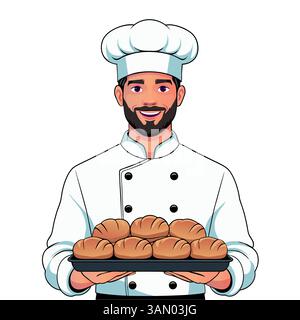 Smiling Male Baker Holding Tray of Fresh Bread Buns. Vector Illustration Stock Vector