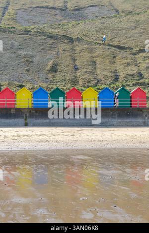 12 April 2025 - Whitby, UK - Beach Huts on the prommenade of Whitby north beach Stock Photo