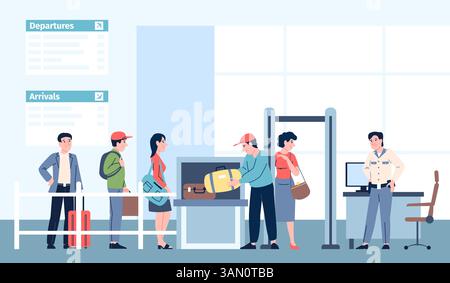 Airport security check. Passengers queue with bags and luggage to x-ray claim. People on checkpoint on railway or bus station terminal, recent vector Stock Vector