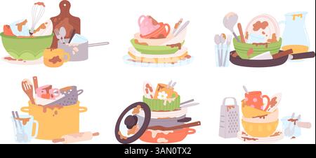 Dirty dishes. Piles of plates pan cups and pots. Messy kitchen utensils and crockery, unwashed empty dish and kitchenware. Household racy vector set Stock Vector