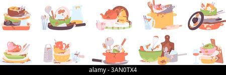 Stacks of dirty dishes. Messy kitchenware, piles of dishes plates cups bowls. Pots and pans with fat, crockery and utensils after food, racy vector Stock Vector