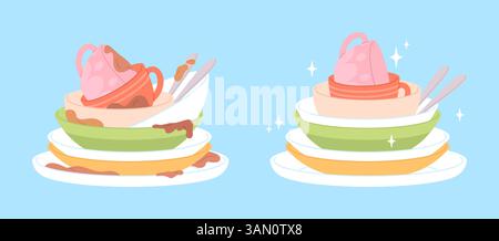 Clean dirty dishes. Piles of kitchenware, messy plates cups and bowls and washing with detergent or in dishwasher. Cleaning crockery, racy vector Stock Vector