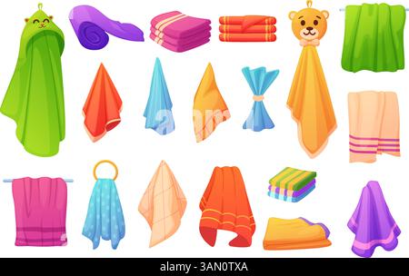 Cartoon towels. Soft fabric towel for kitchen, bathroom, beach relax, spa and wellness. Isolated bright cloth elements in rolls piles, nowaday vector Stock Vector