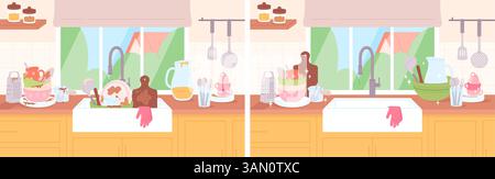 Wash dish in sink. Dirty and clean dishes on kitchen, messy kitchenware. Glass jug, glasses and cups, plates after dinner, racy vector scenes Stock Vector