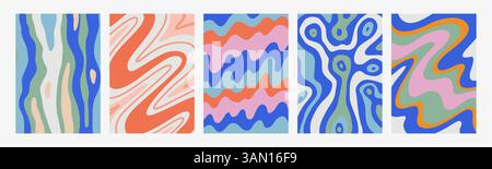 Abstract psychedelic pattern set. Groovy backgrounds with liquid paint patterns. Trendy wavy vector textures in abstract y2k style. Vector graphic for Stock Vector