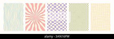 Abstract psychedelic retro backgrounds set. Groovy patterns in pastel retro colors. Trendy twisted and checkered vector texture in abstract y2k style Stock Vector