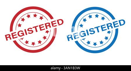 Registered Rubber Stamp Vector – Circular Red and Blue Official Seal with Grunge Texture Stock Vector