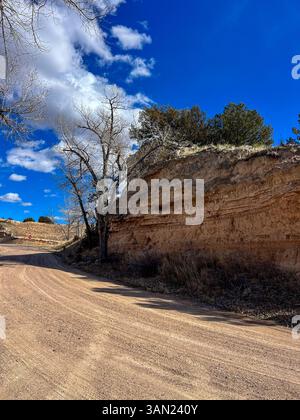 A quiet dirt road curves beside a weathered red rock bluff, framed by leafless trees and a brilliant blue sky dotted with clouds. Stock Photo
